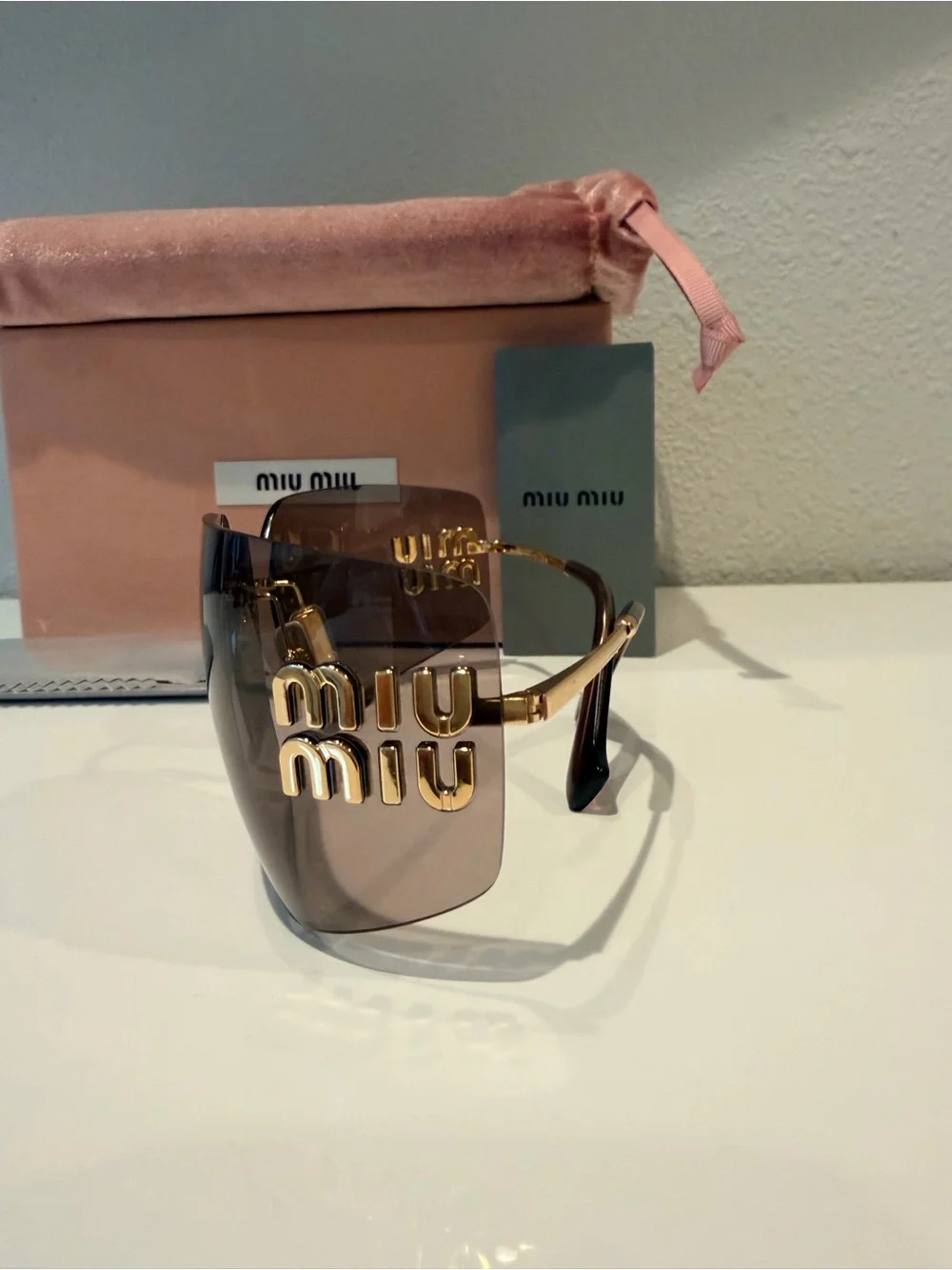 Miu Miu Rimless Shield Sunglasses Miu Miu MU Aube Gold Light Purple Brown